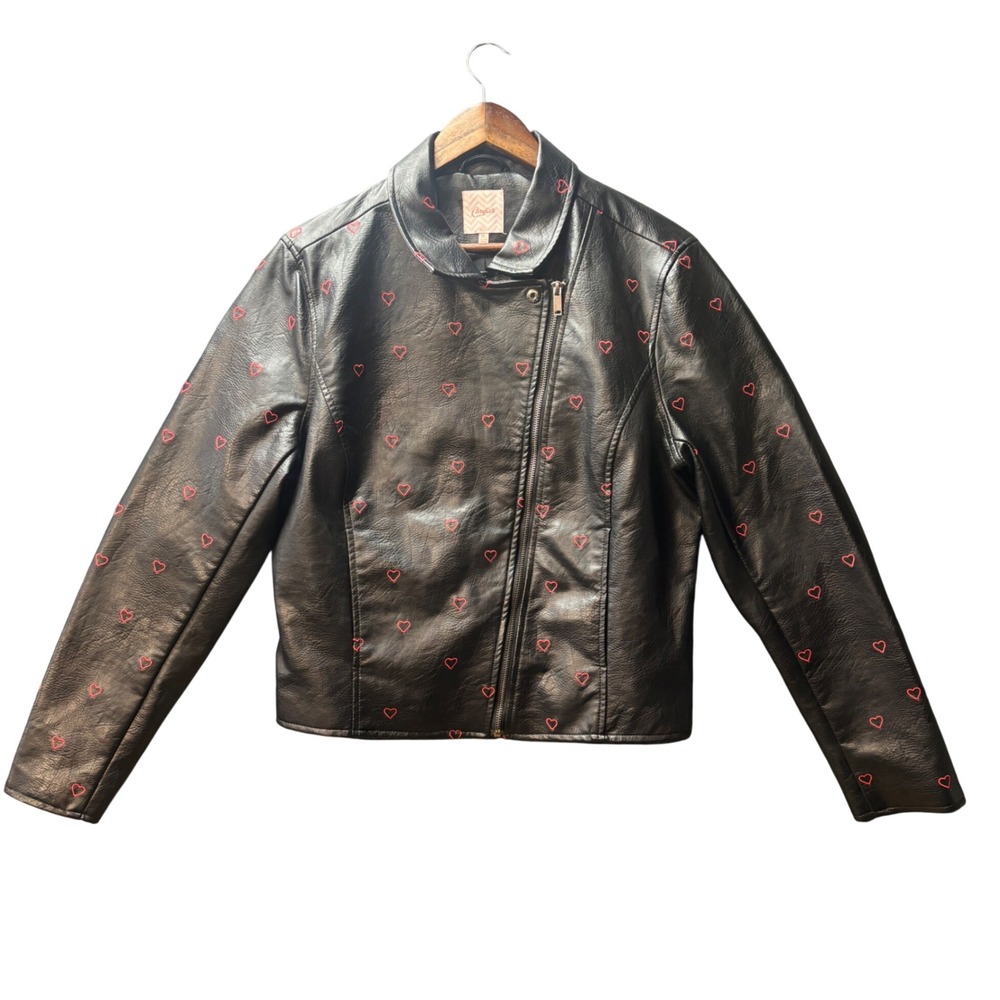 Candie's Womens XL Black Faux Leather Heart Embroidered Moto Jacket Moto Biker